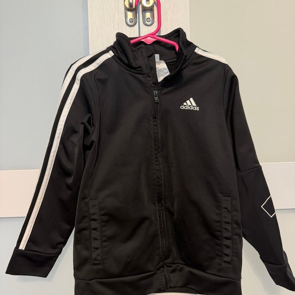 Adidas Kids Size 6 Black Full Zip Track Jacket 3 Stripe Logo Athletic